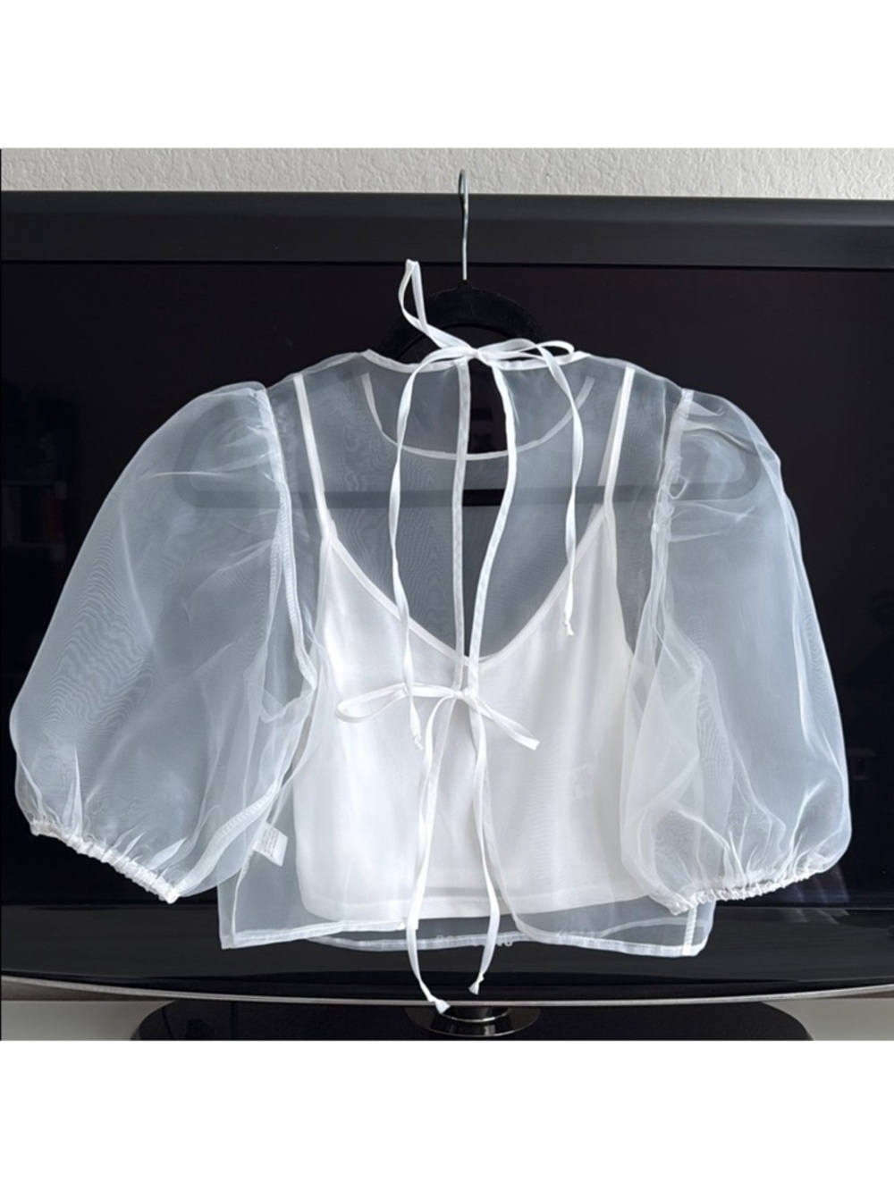 Sheer Organza Puff Sleeve Tie-Back Crop Top in White